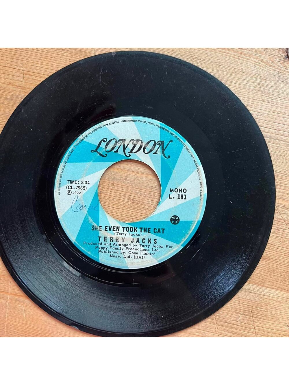 Terry Jacks - She even took the Cat/Concrete Sea 45rpm VG+ R89